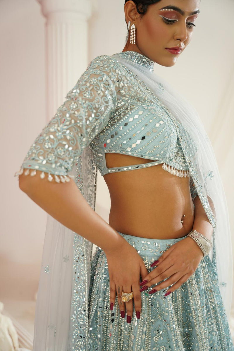 Aqua Blue Embellished Choli, Lehenga And Dupatta