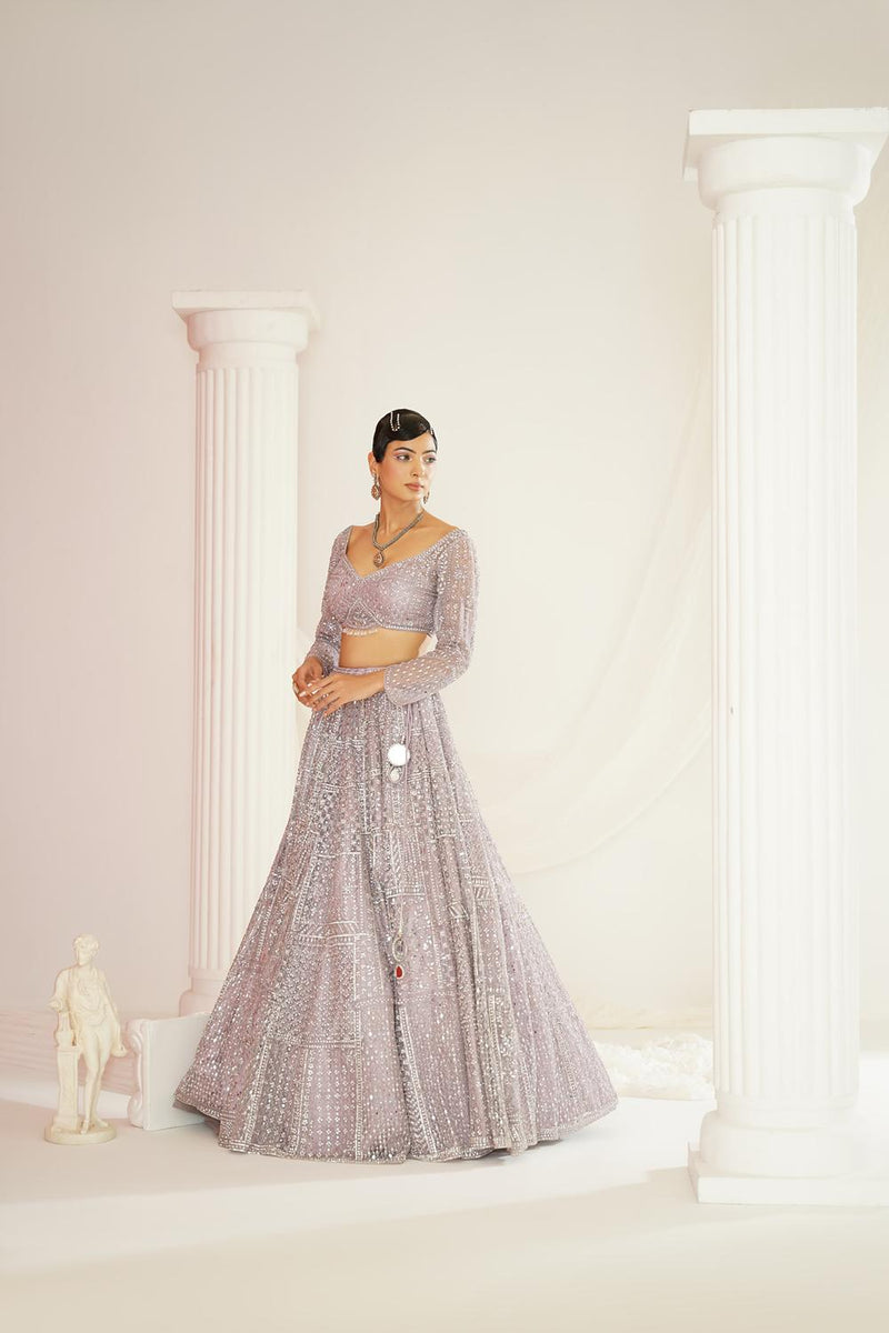 Lavender Embellished Choli, Lehenga And Dupatta