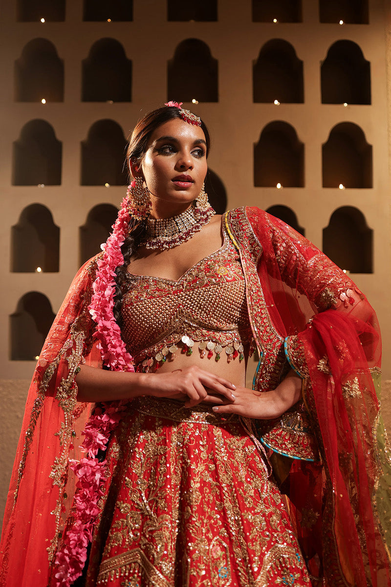 Red Embroidered Lehenga Set