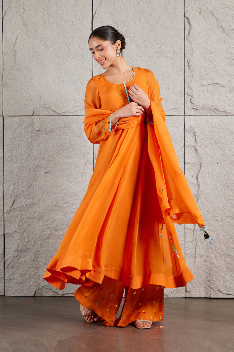 Tangerine Organza Anarkali Set