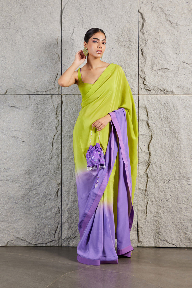 Lime Green Purple Ombre Saree