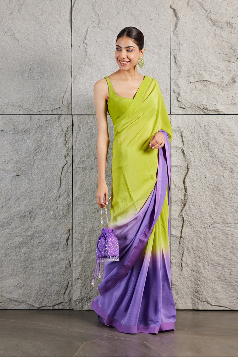 Lime Green Purple Ombre Saree