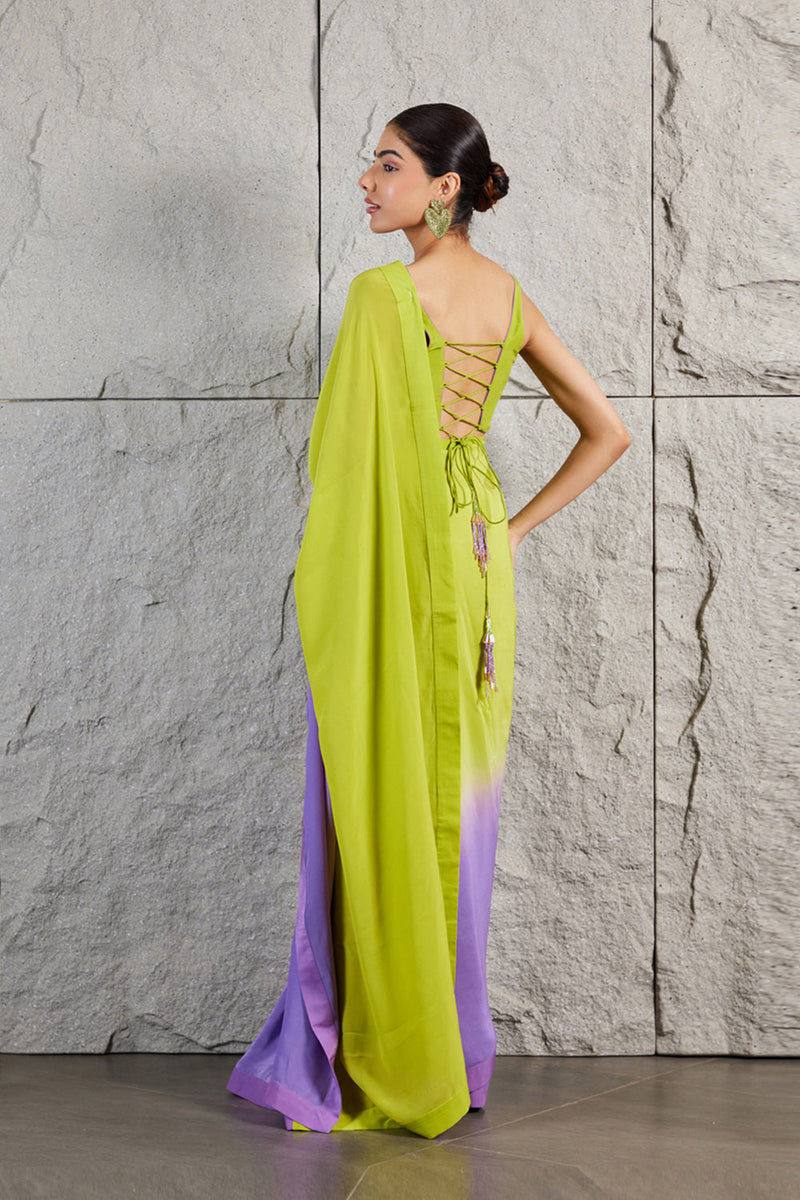 Lime Green Purple Ombre Saree