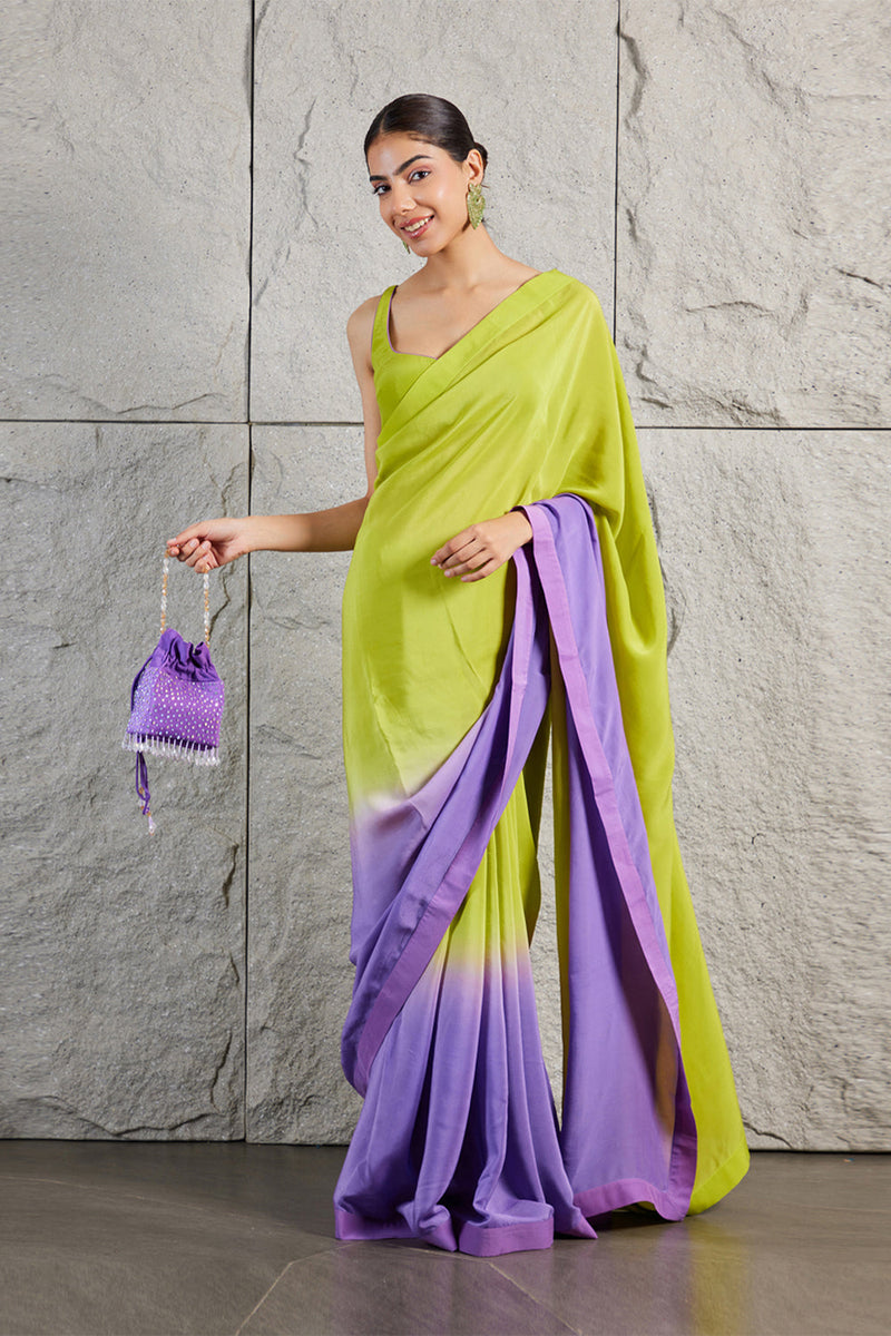 Lime Green Purple Ombre Saree