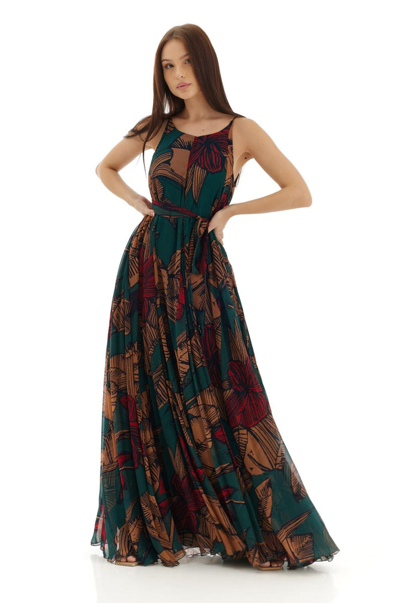 Green, Beige & Red Floral Long Dress