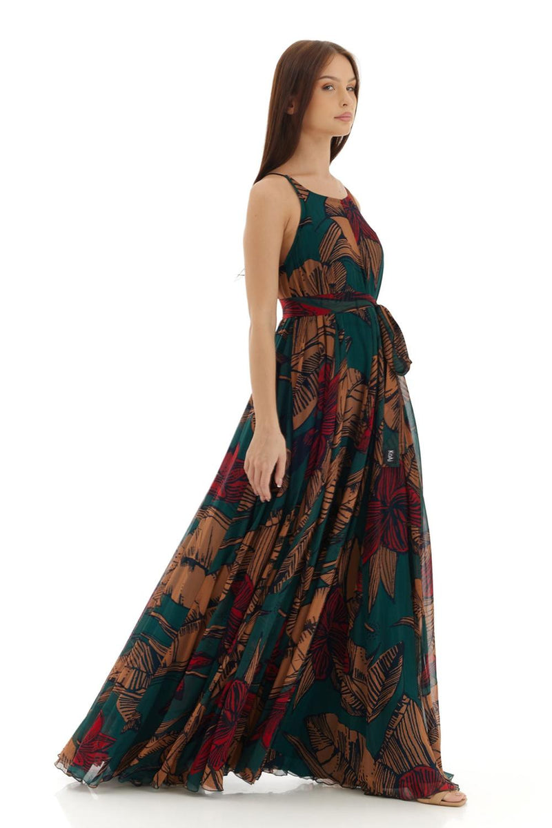 Green, Beige & Red Floral Long Dress