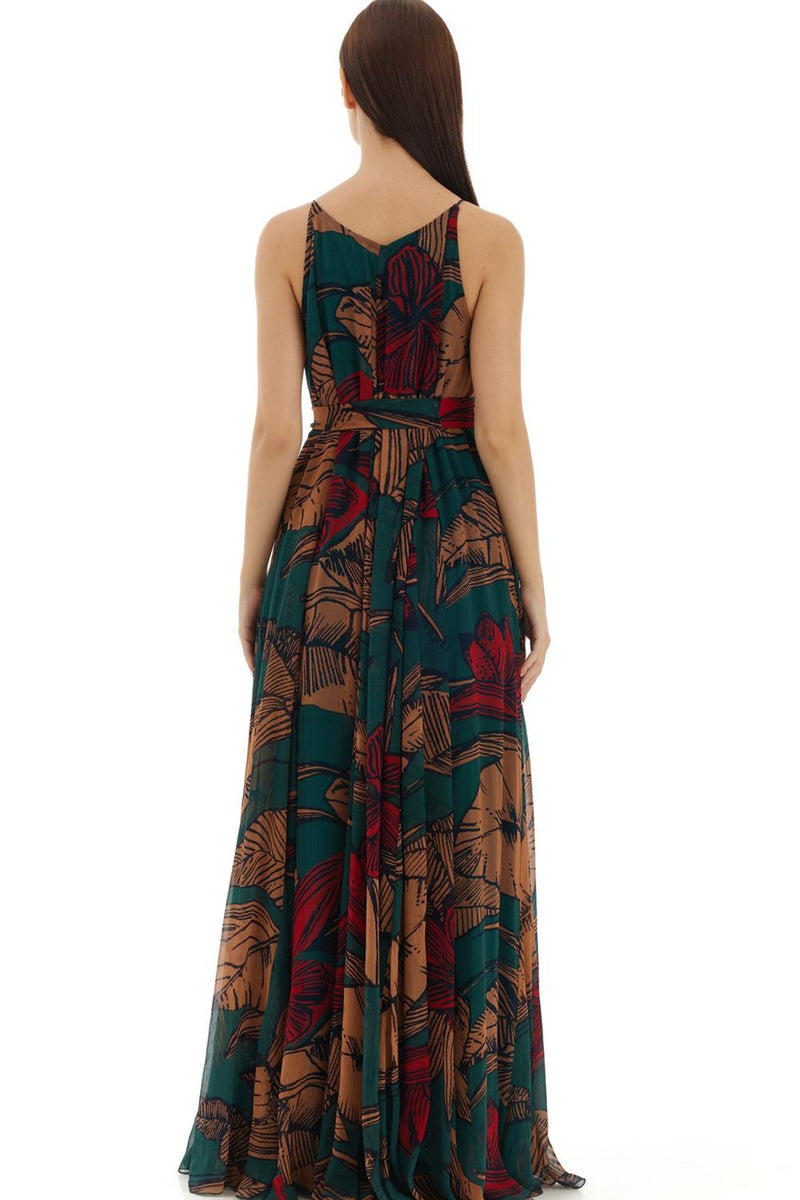 Green, Beige & Red Floral Long Dress