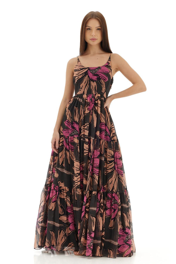 Green , Beige And Pink Floral Long Dress