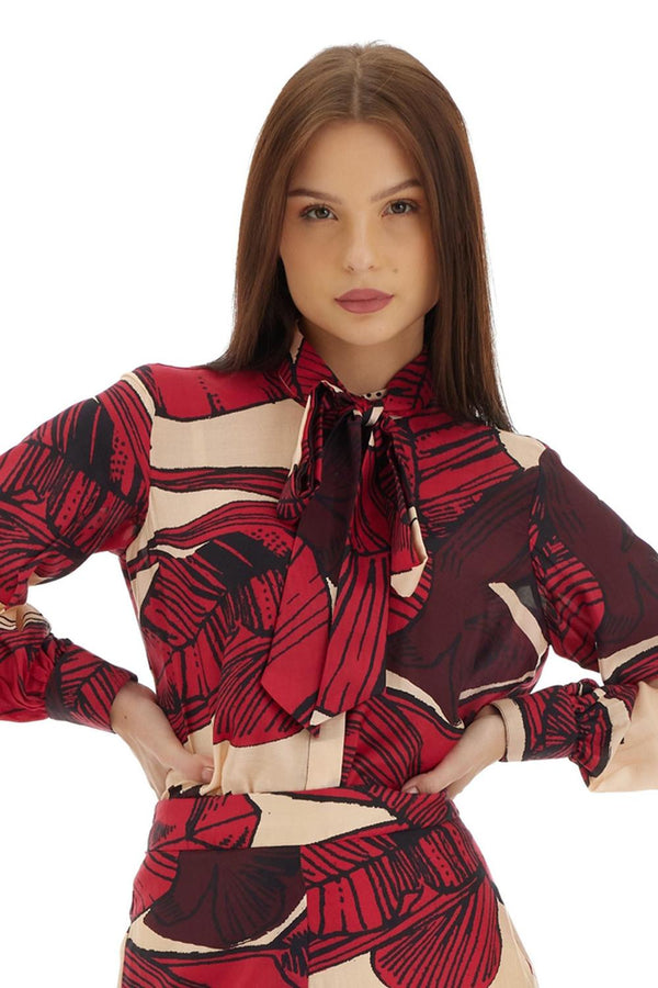 Off White, Red & Brown Floral Bow Shirt