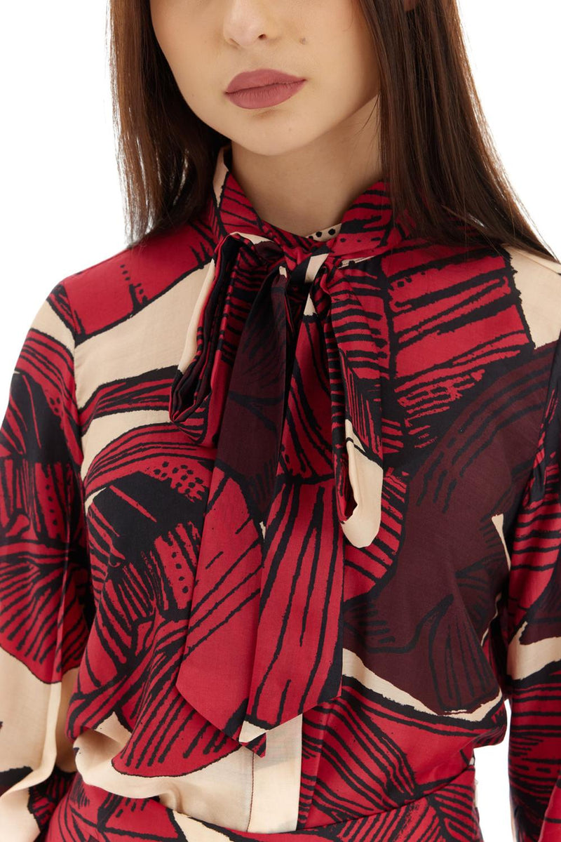 Off White, Red & Brown Floral Bow Shirt