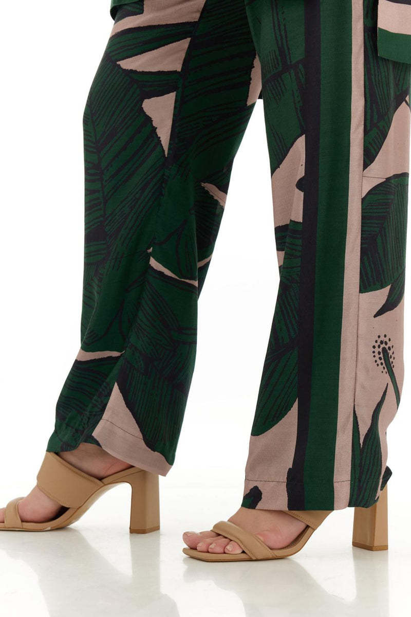 Green & Off White Floral Pants