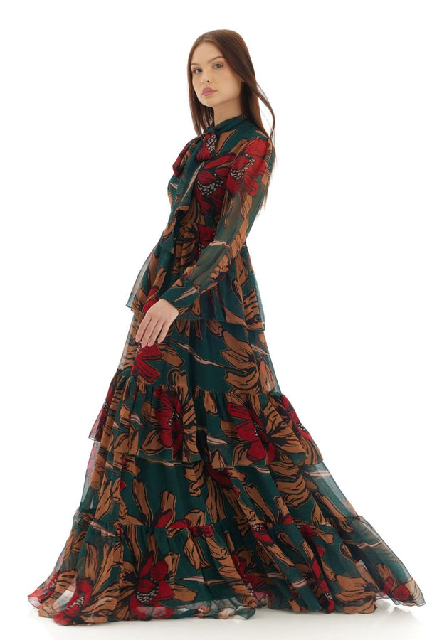 Green & Orange Floral Long Dress