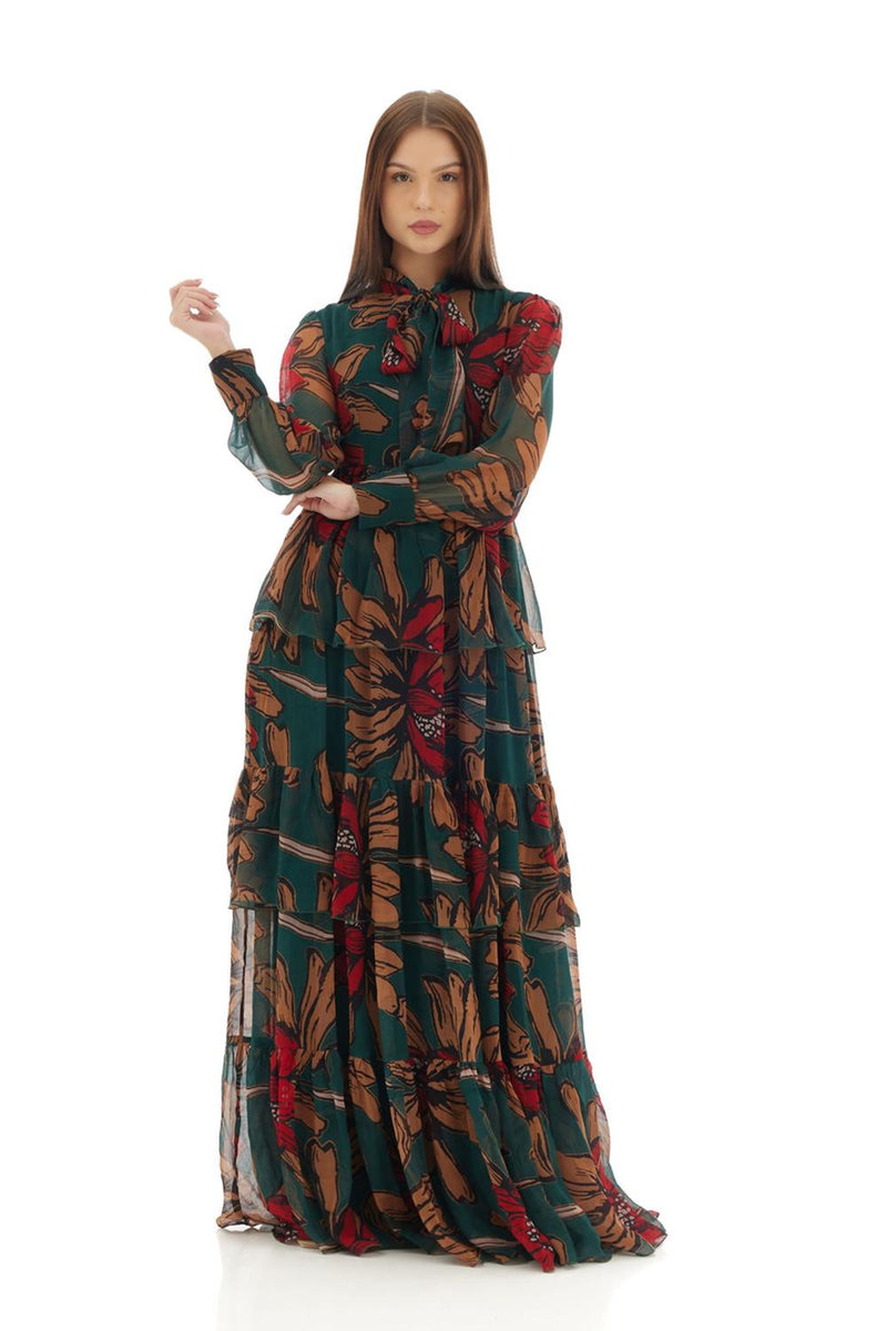 Green & Orange Floral Long Dress