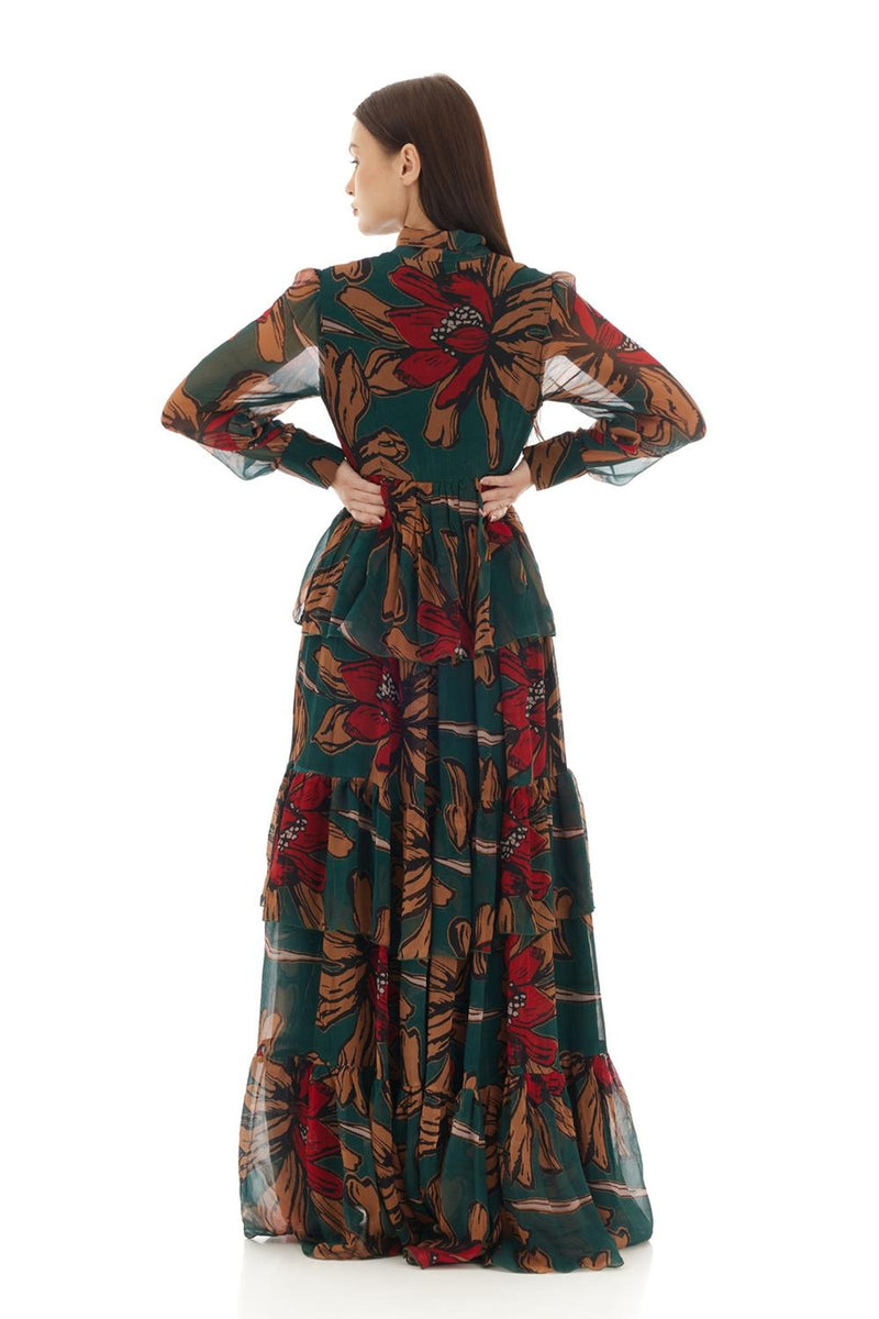 Green & Orange Floral Long Dress