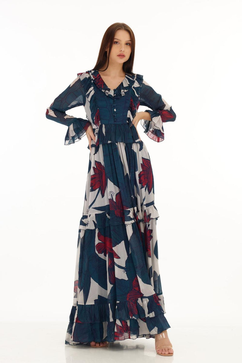 Blue, Off White & Red Floral Frill Long Dress