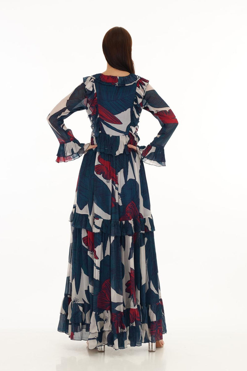 Blue, Off White & Red Floral Frill Long Dress