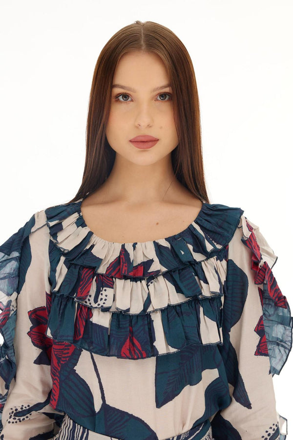 Off White, Blue & Red Floral Frill Top