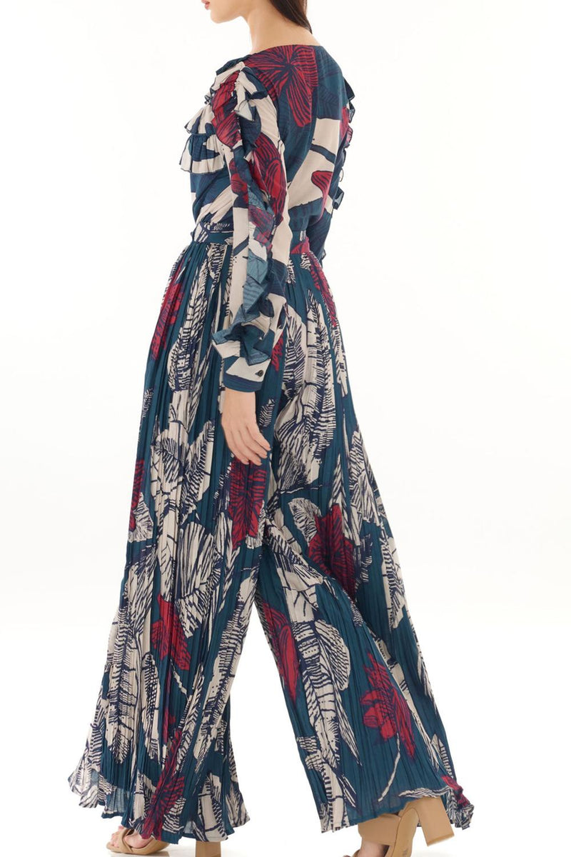 Off White, Blue & Red Floral Crinkled Pants