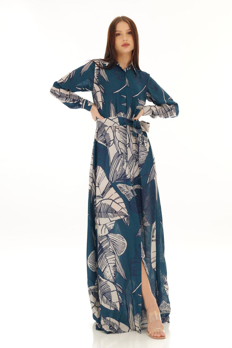 Blue & White Floral Long Shirt Dress