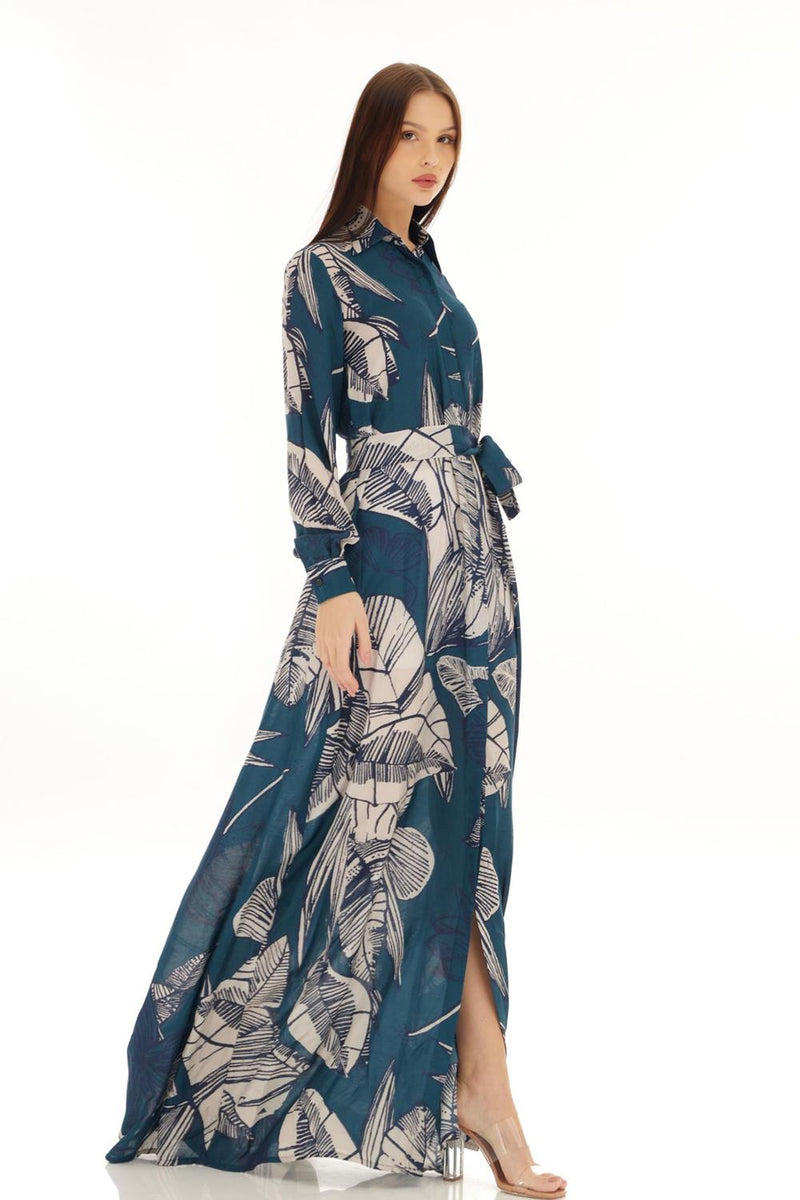 Blue & White Floral Long Shirt Dress