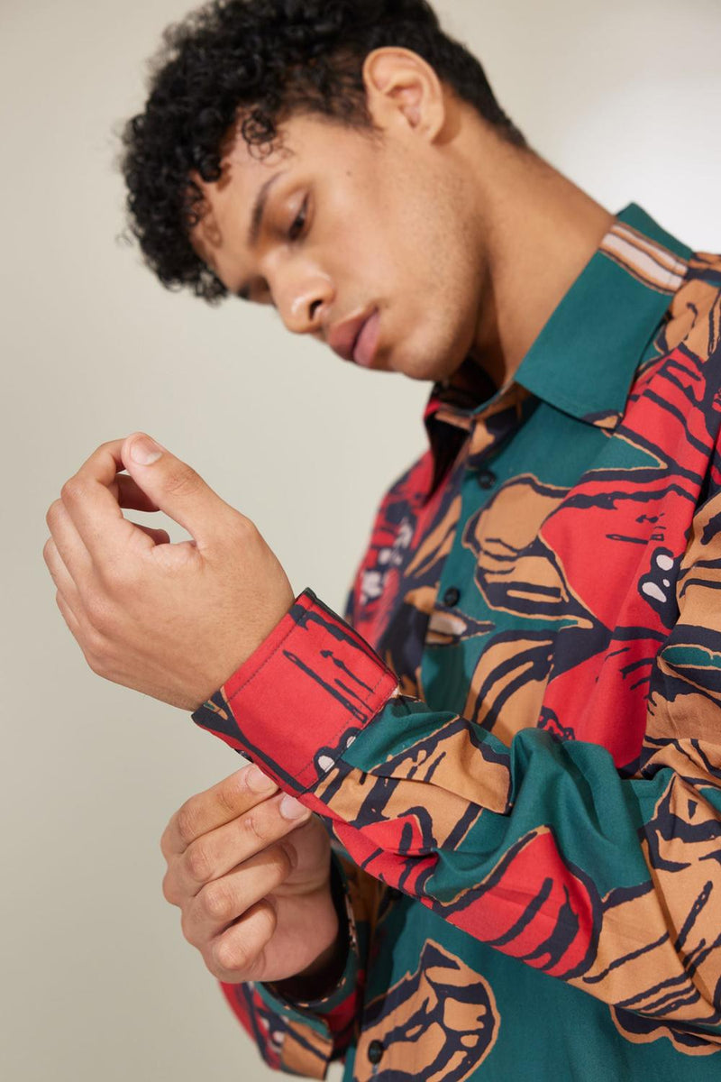 Green, Beige And Red Floral Shirt