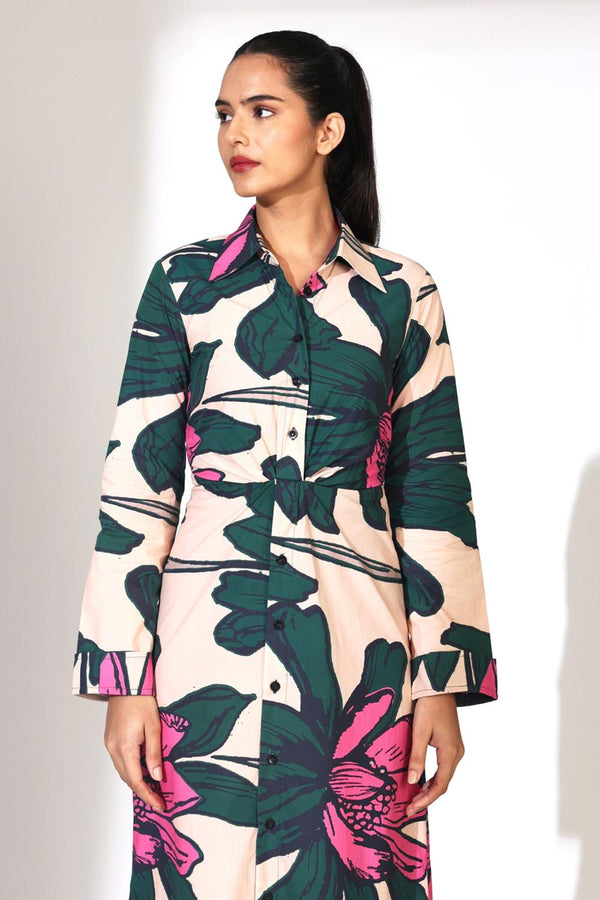 Peach, Green And Pink Floral Shirt Dress