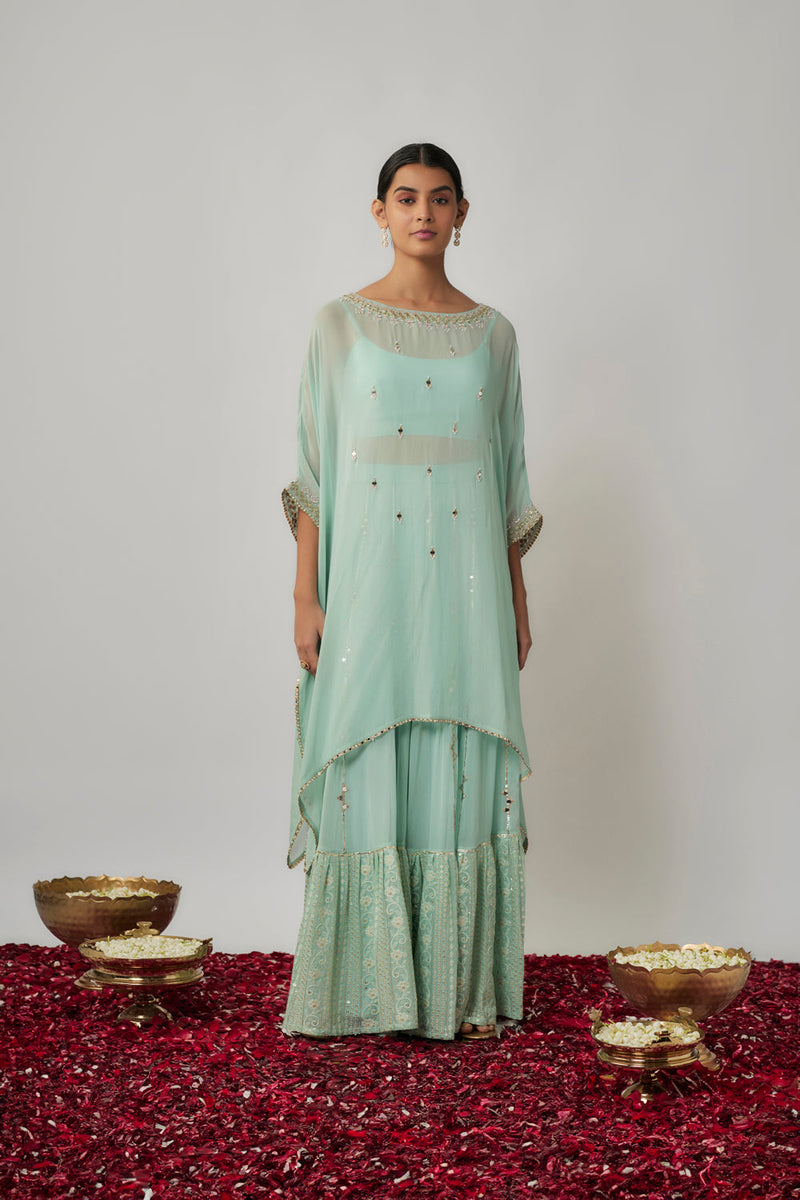 Mint Sequin, Mirror And Thread Embroidered Georgette Kaftan And Sharara Set