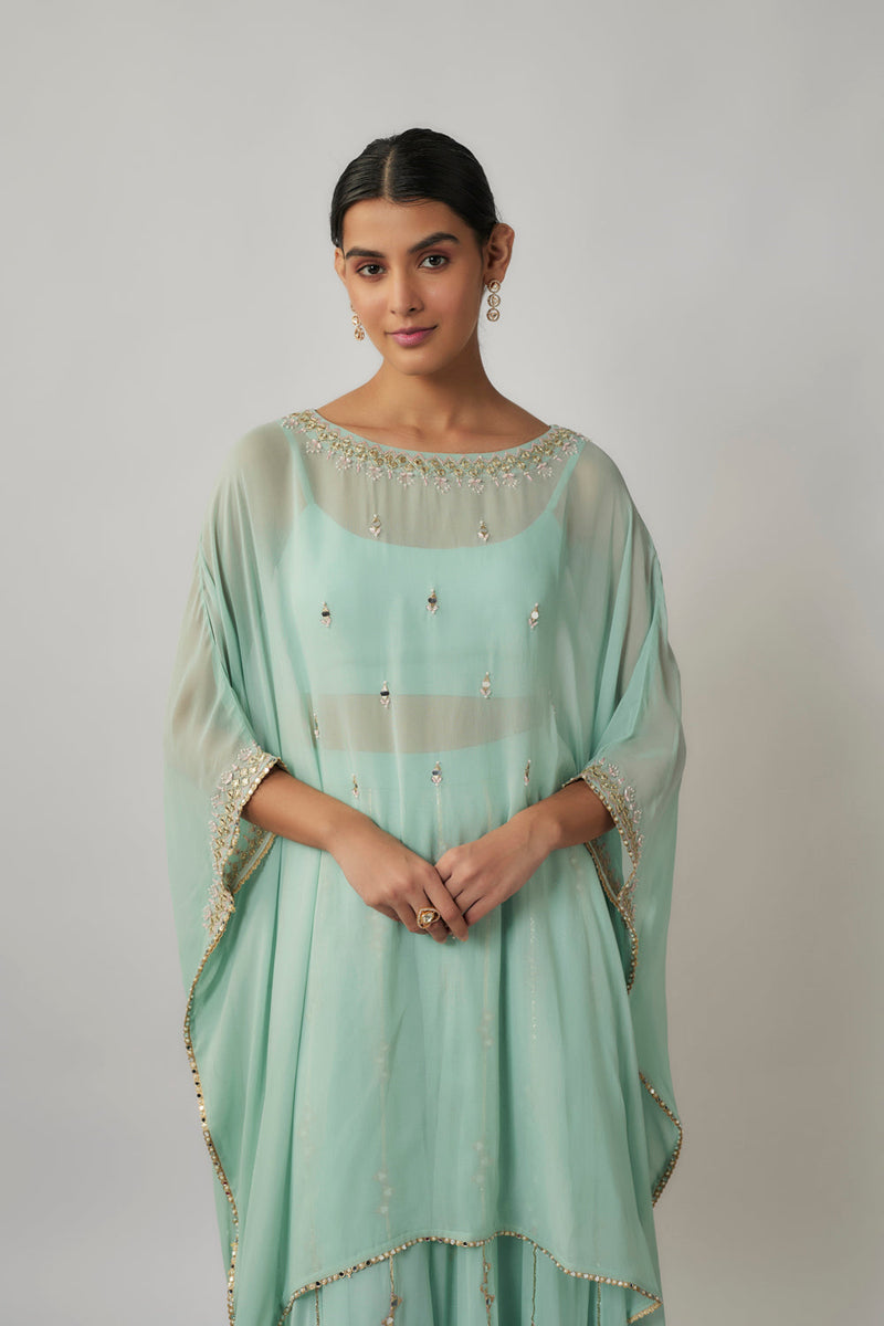 Mint Sequin, Mirror And Thread Embroidered Georgette Kaftan And Sharara Set