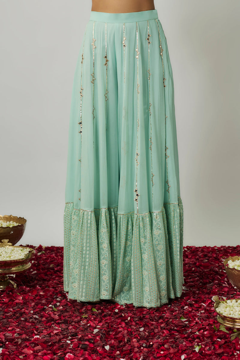 Mint Sequin, Mirror And Thread Embroidered Georgette Kaftan And Sharara Set