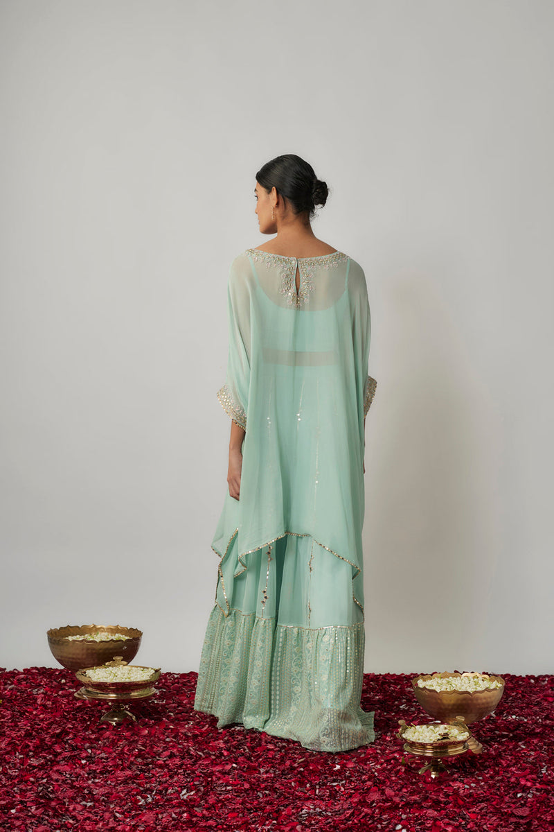 Mint Sequin, Mirror And Thread Embroidered Georgette Kaftan And Sharara Set