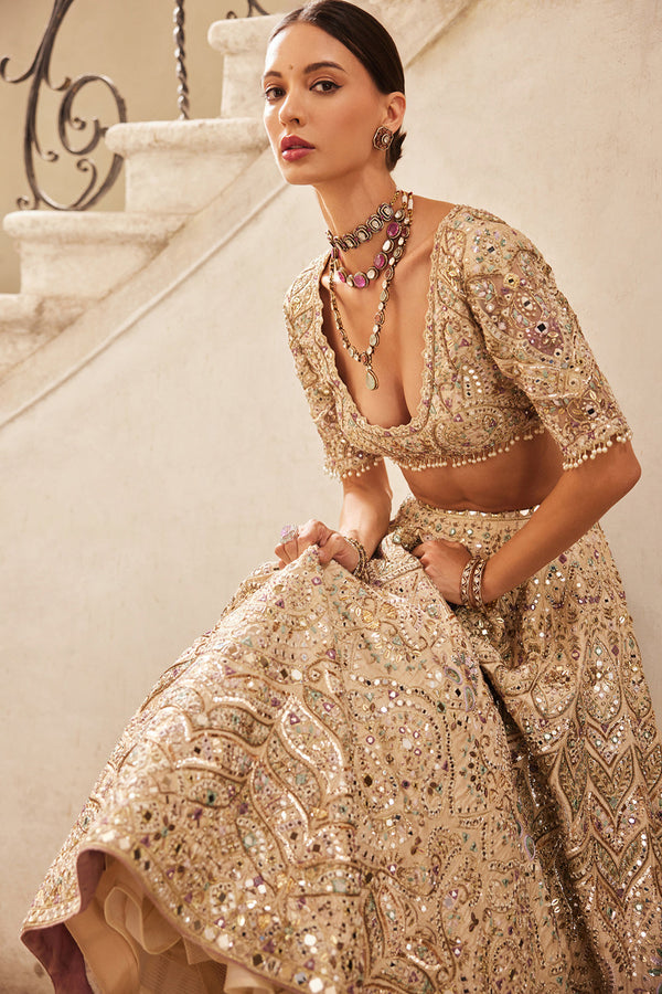 Champagne Rawsilk Mirror Lehenga Set