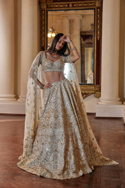 Cream Lehenga With Green Highlighting