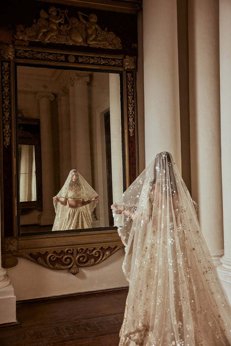 Cream Lehenga With Green Highlighting