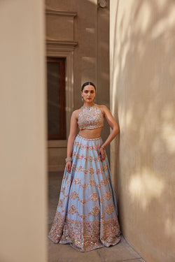 English Blue Mirror Lehenga