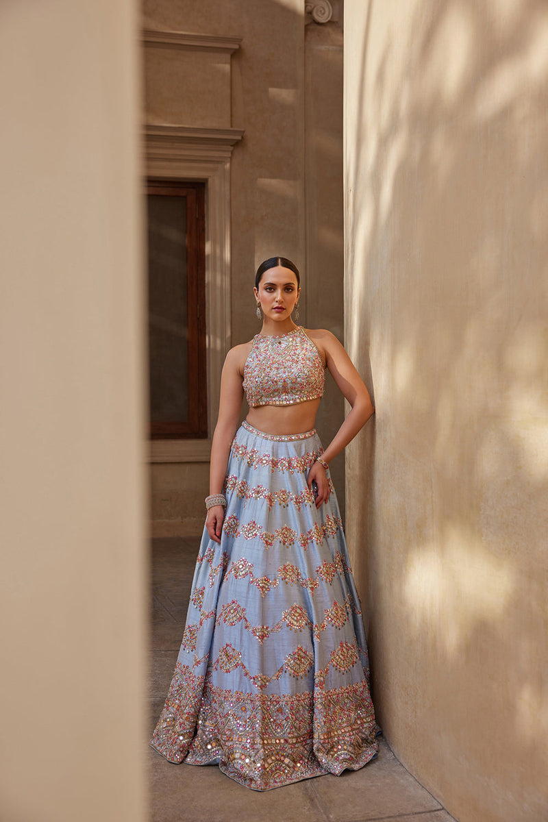 English Blue Mirror Lehenga