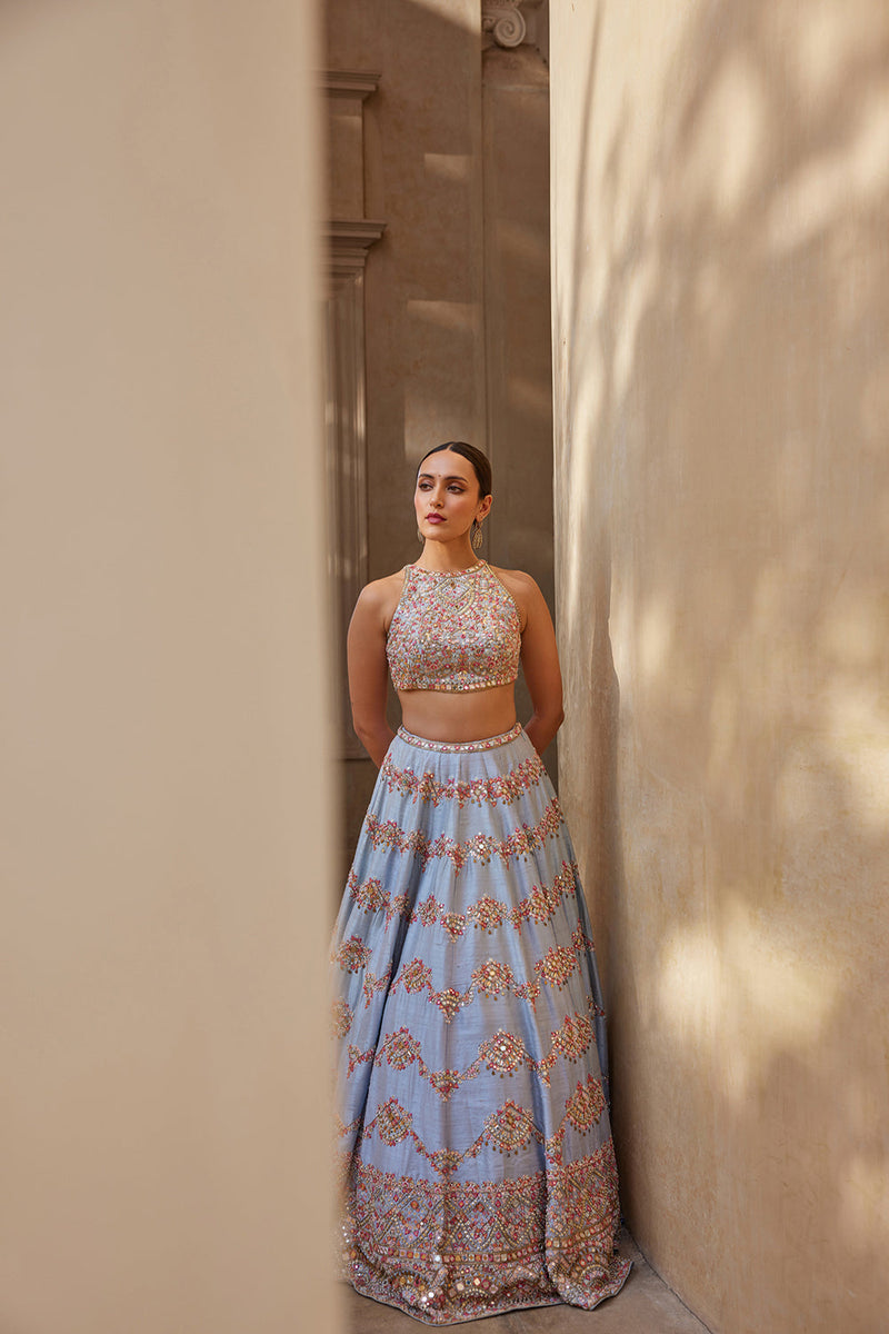 English Blue Mirror Lehenga