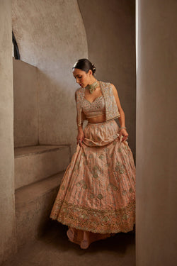 Peach Lehenga With Short Jacket And Bustier