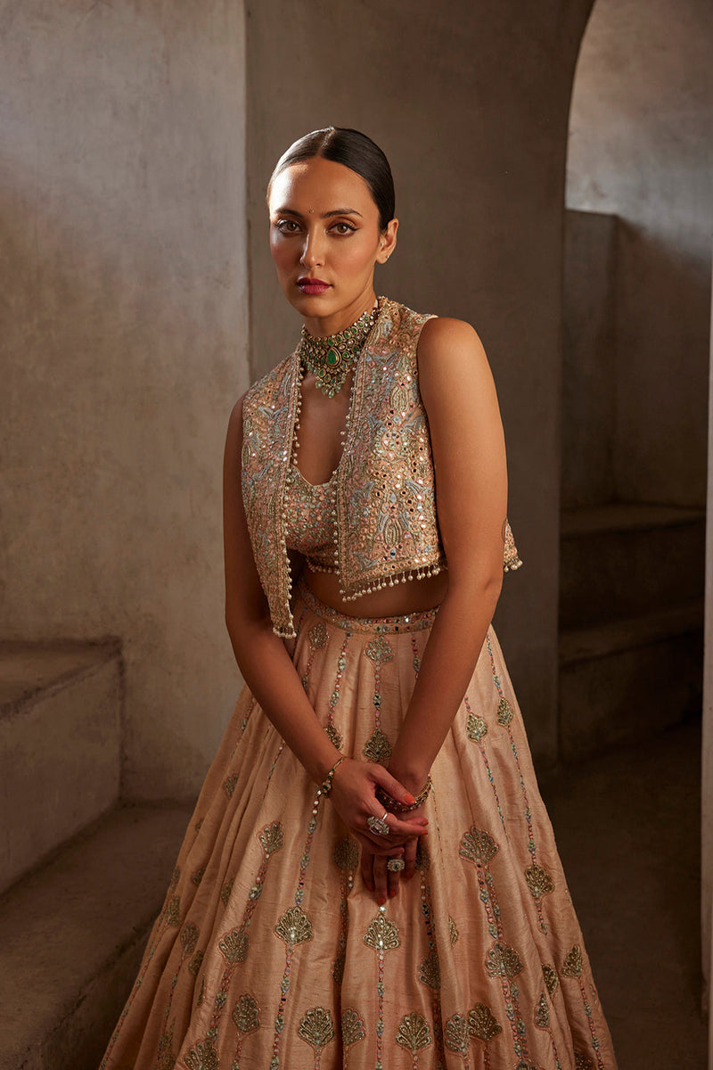 Peach Lehenga With Short Jacket And Bustier