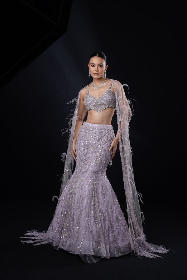 "Rayna" Purple Fishcut Embroidered Lehenga Set With Cape