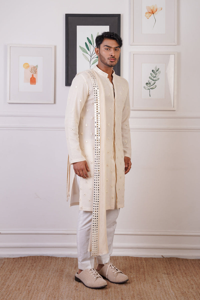 Crochet Mirror Work Kurta Set With Dupatta