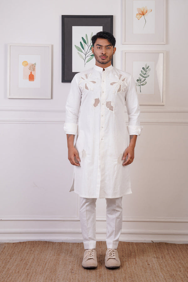 Linen Kurta Set With Cut Embroidery