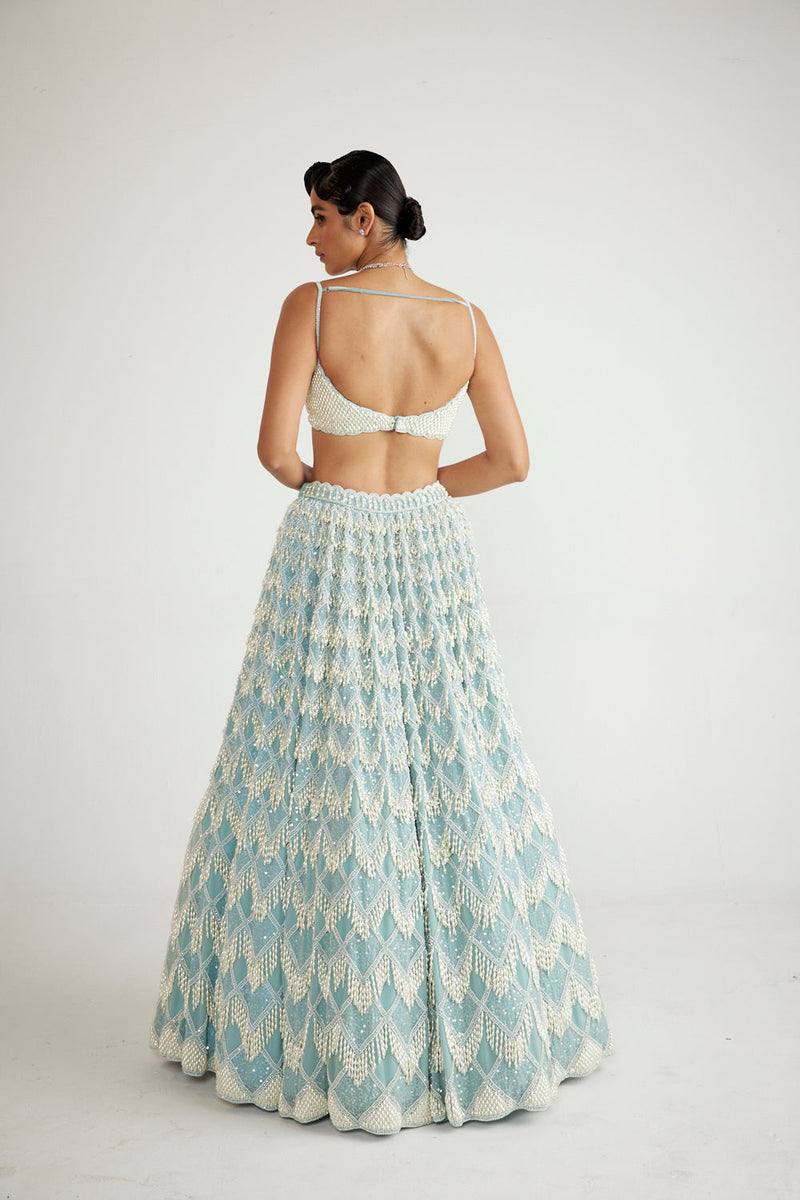 Powder Blue Chandelier Pearl Drop Lehenga Set