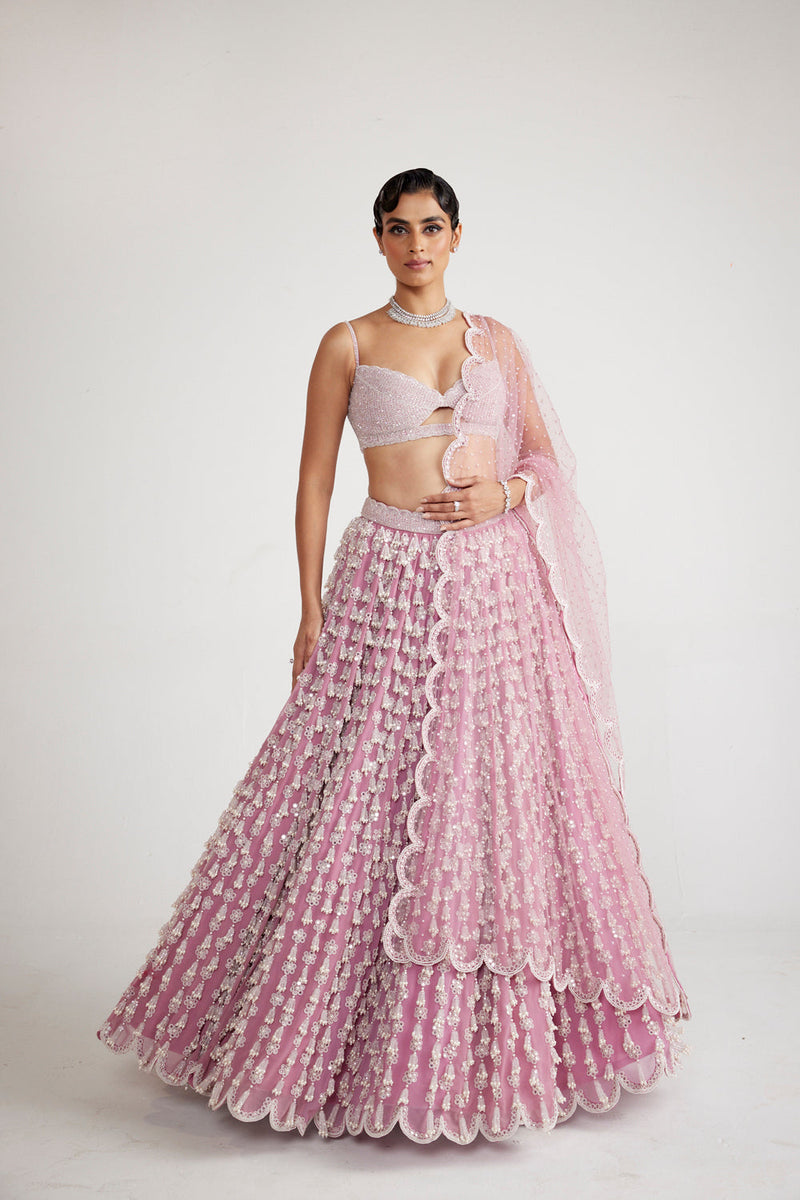 Onion Pink Chandelier Pearl Drop Lehenga Set