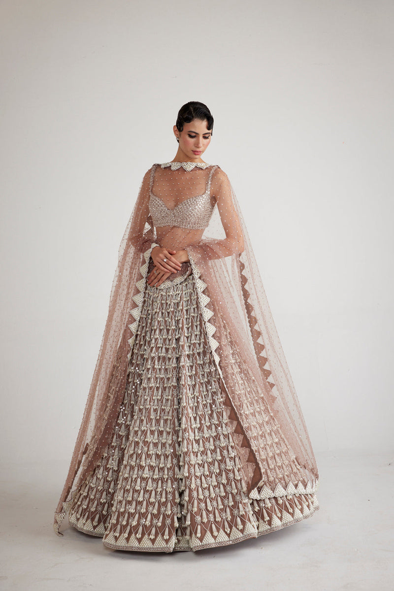 Deep Beige Chandelier Pearl Drop Lehenga Set