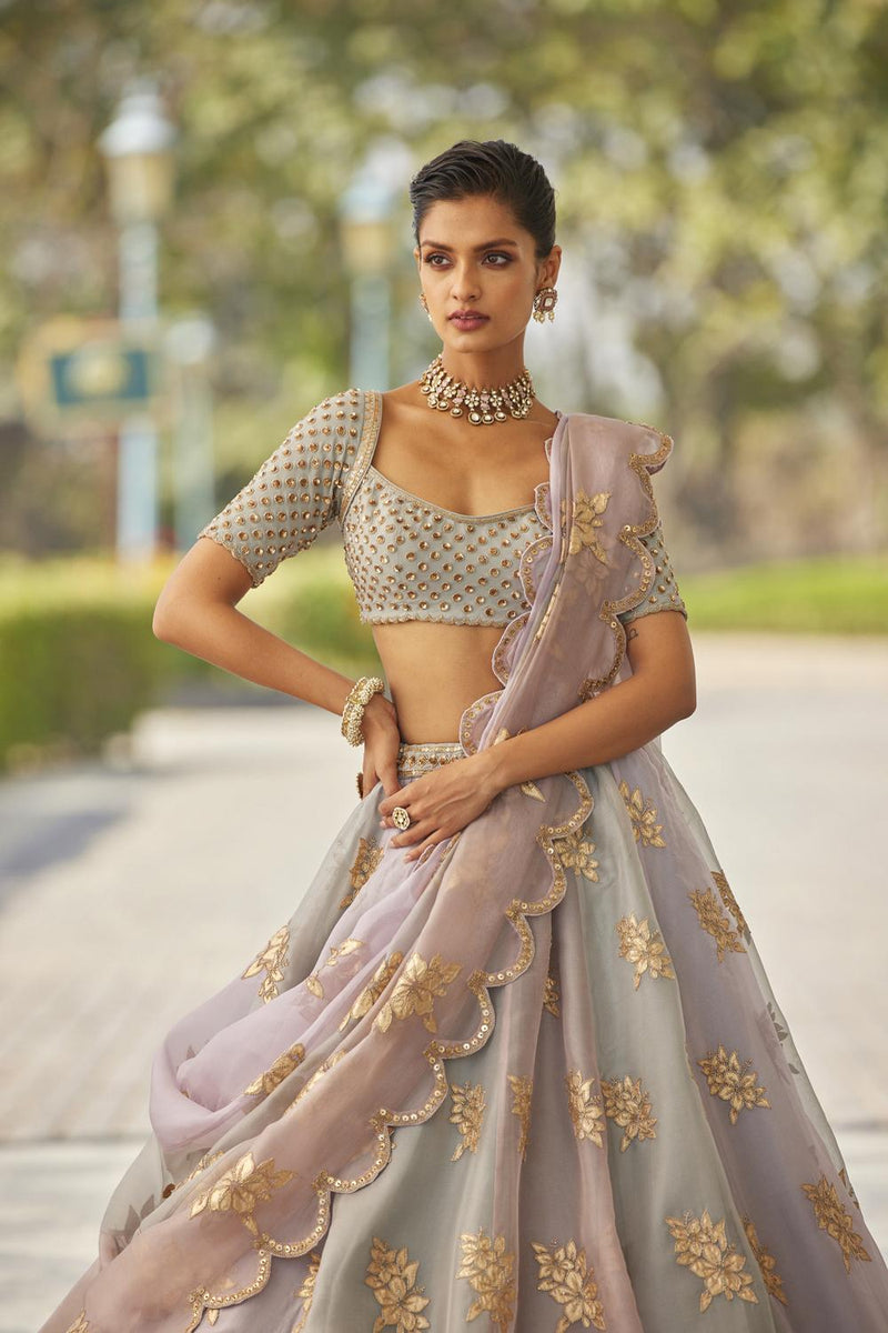 Powder Grey Flower Lehenga Set