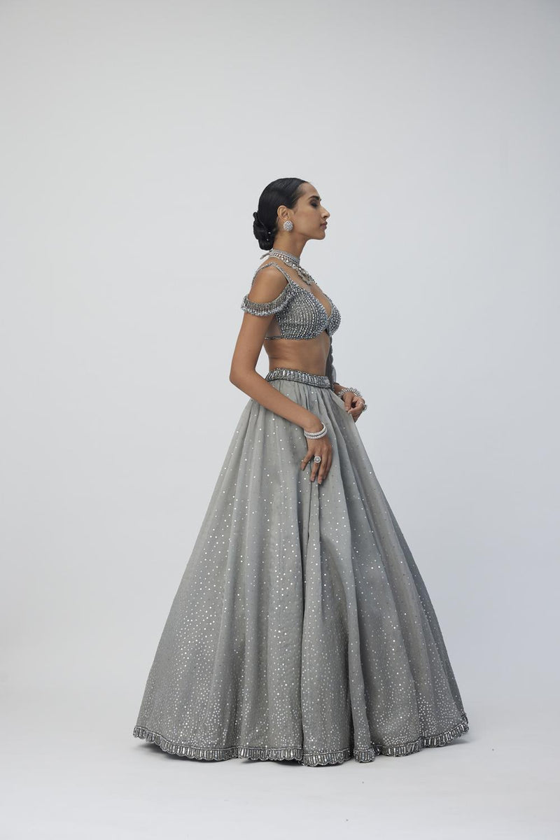 Crystal Grey Sequins Scattered Lehenga Set