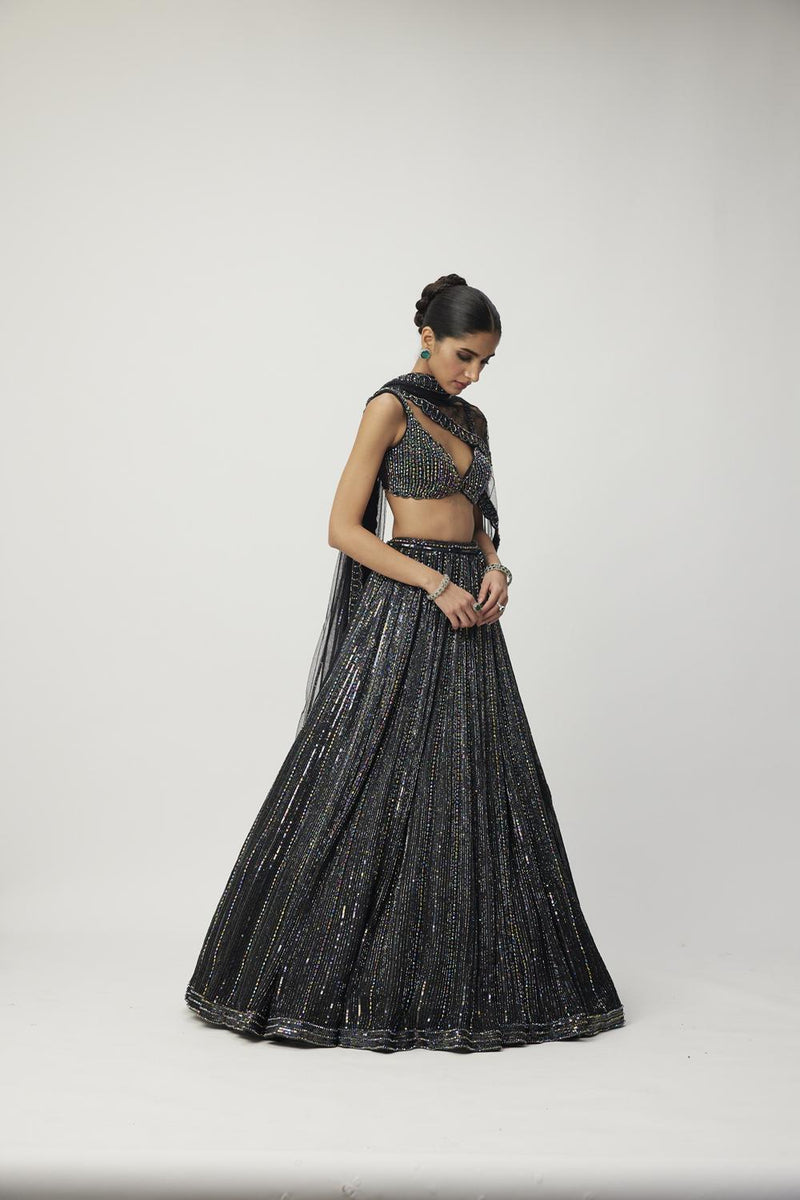 Black Crystal Linear Embroidered Lehenga Set