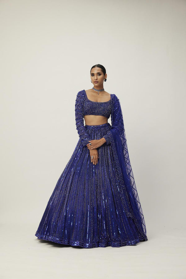 Cocktail Blue Crystal Linear Embroidered Lehenga Set