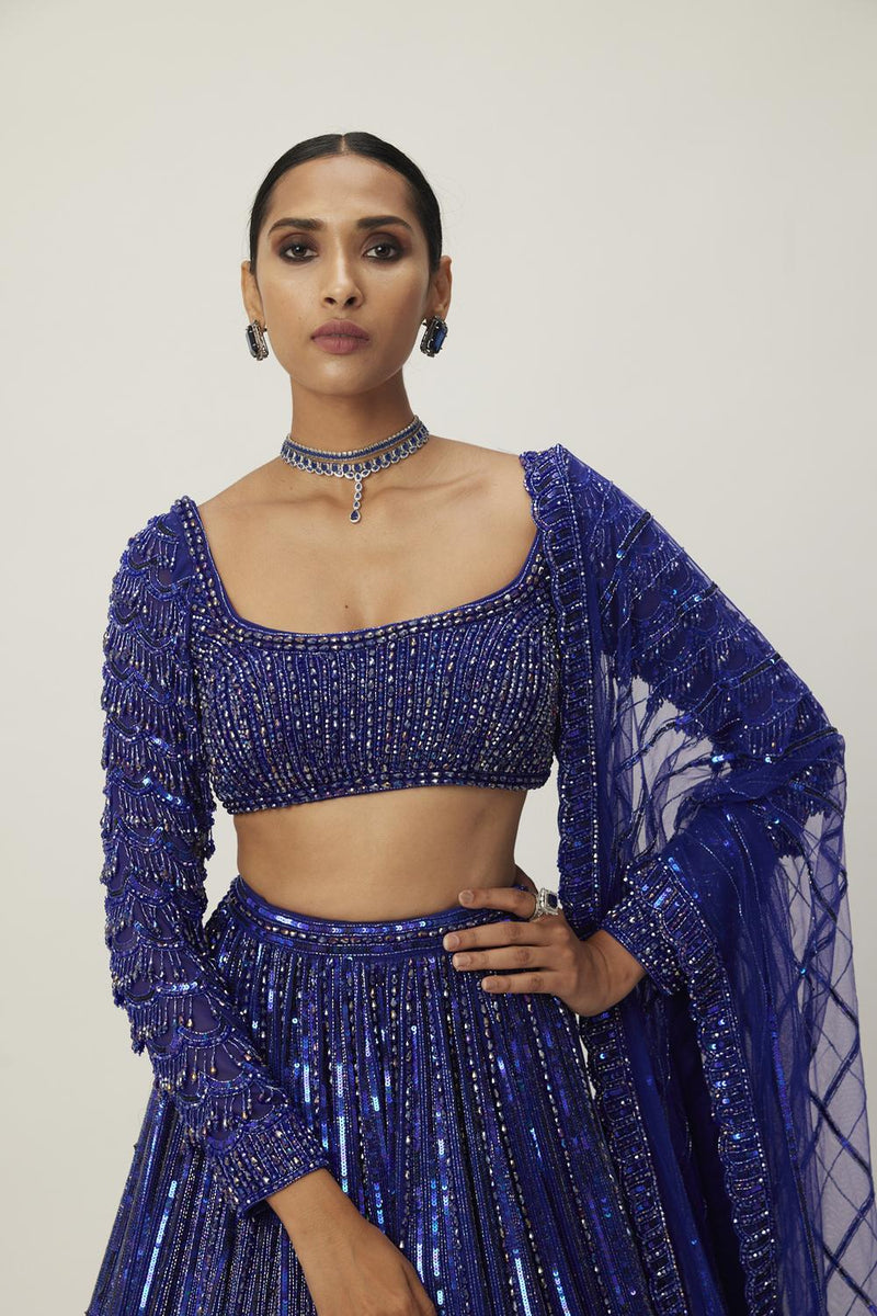 Cocktail Blue Crystal Linear Embroidered Lehenga Set