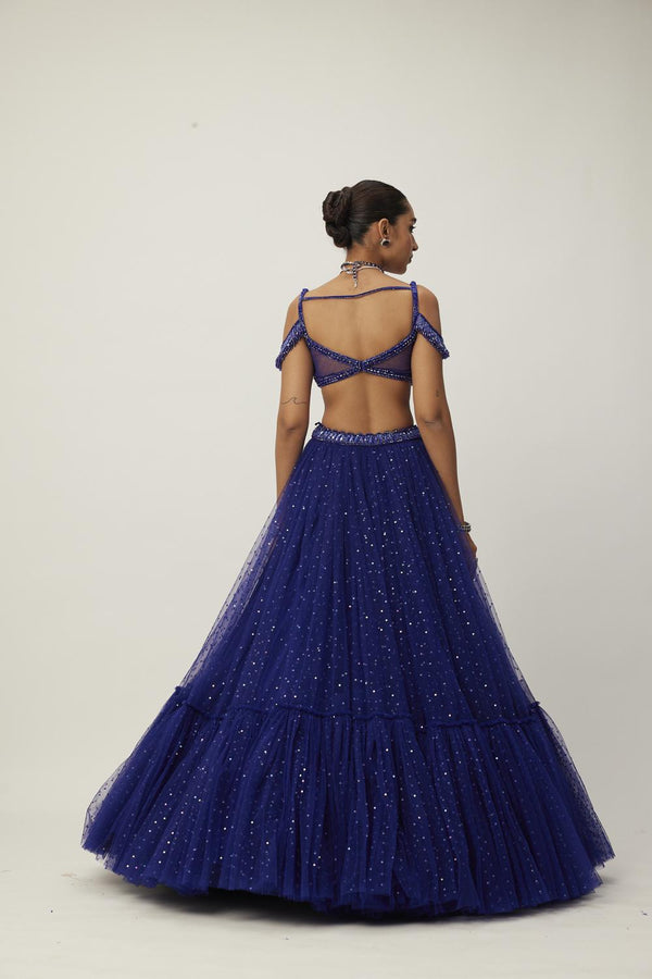 Cocktail Blue Sequins Scattered Tulle Lehenga Set